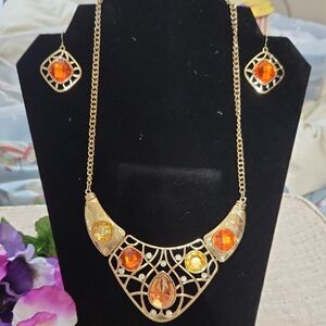 Elegant Gold Necklace and Earring Set with Orange Gems
